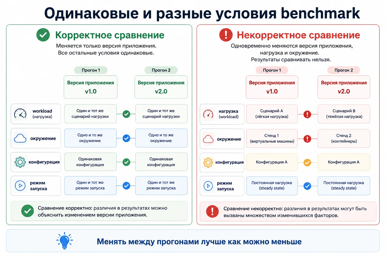 Сравнение корректных и некорректных условий benchmark